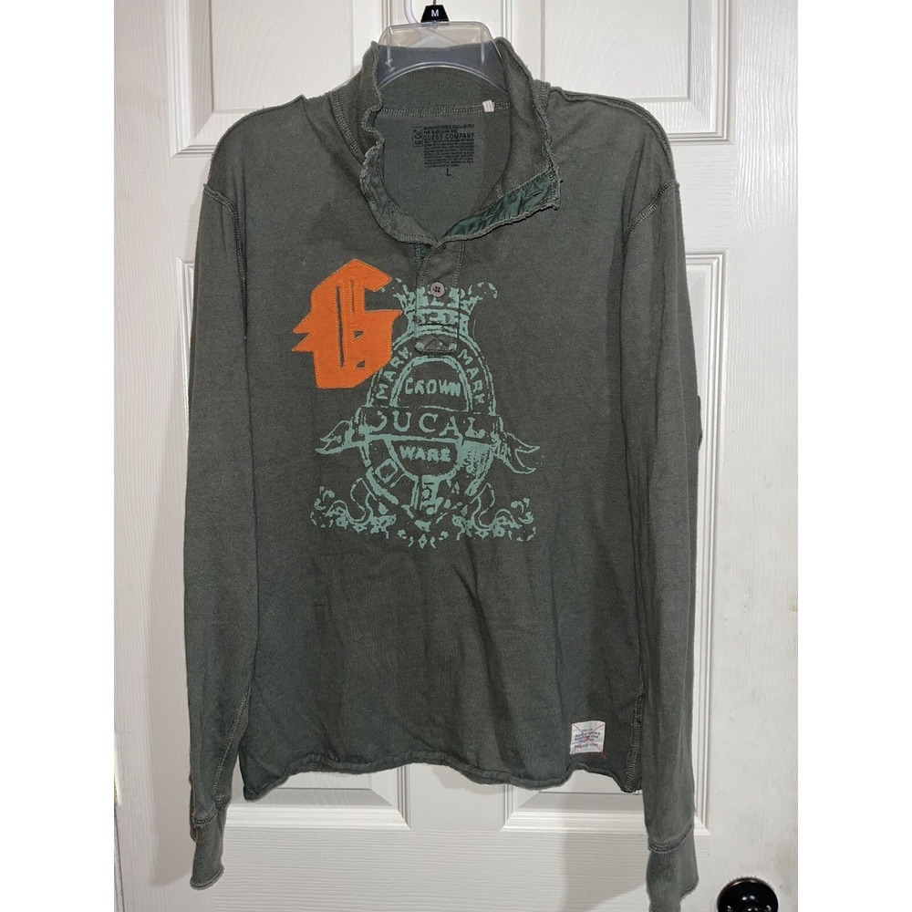 Guess Sweater Mens L Green Sweatshirt Henley Big Logo Y2k Casual Streetwear